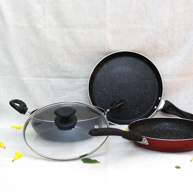 Non Stick Cookware Set of 5Pcs| Tawa, Fry Pan, Kadai With Lid & 2 Spatula |Induction Base|Non-Stick