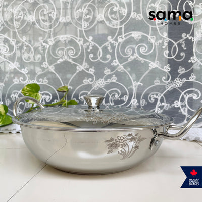 Stainless Steel Deep Kadhai With Lid | Premium Cookware | 21g Deep Kadhai