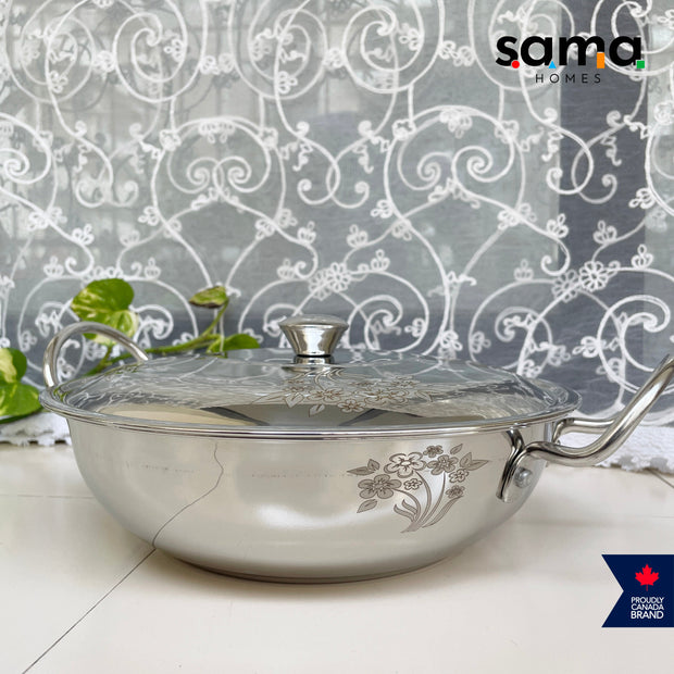 Stainless Steel Deep Kadhai With Lid | Premium Cookware | 21g Deep Kadhai