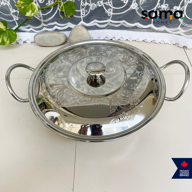 Stainless Steel Deep Kadhai With Lid | Premium Cookware | 21g Deep Kadhai