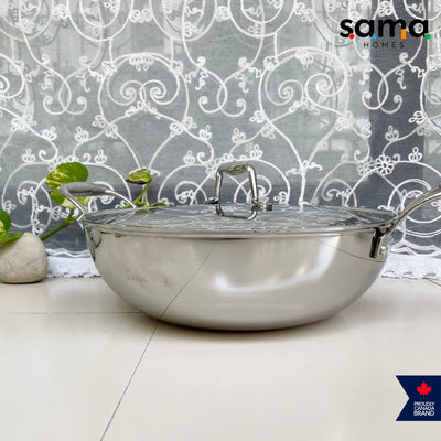Stainless Steel Triply Deep Kadhai With Lid | Premium Cookware