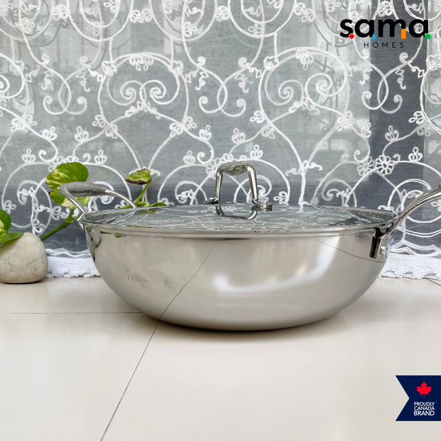 Stainless Steel Triply Deep Kadhai With Lid | Premium Cookware