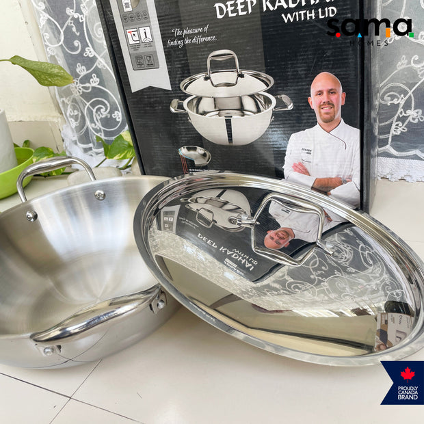 Stainless Steel Triply Deep Kadhai With Lid | Premium Cookware