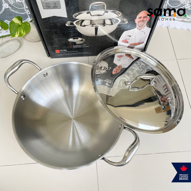 Stainless Steel Triply Deep Kadhai With Lid | Premium Cookware