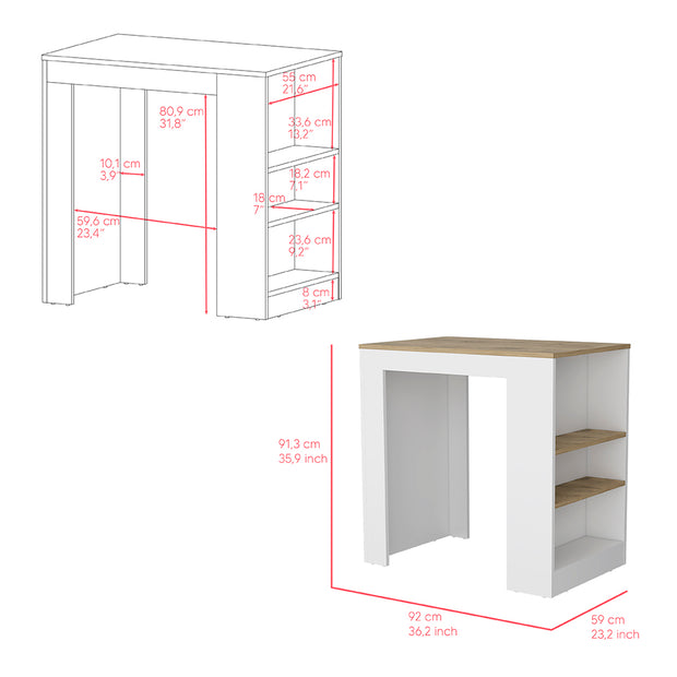 Kitchen Island with Three Side Shelves Doyle, White / Light Oak