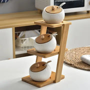 Ceramic Spice Jars Set Table Spice Container Box Oil Jug Sugar Bowl Coffee Kitchen Storage Accessories With Bamboo Lid and Tray.