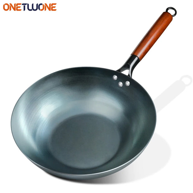Flat Bottom Wok Pan 13.5" Woks and Stir Fry Pans Blue Iron Cookware Traditional Chinese Cookware for Electric Induction Cooktops