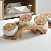 Ceramic Spice Jars Set Table Spice Container Box Oil Jug Sugar Bowl Coffee Kitchen Storage Accessories With Bamboo Lid and Tray.