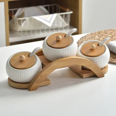 Ceramic Spice Jars Set Table Spice Container Box Oil Jug Sugar Bowl Coffee Kitchen Storage Accessories With Bamboo Lid and Tray.