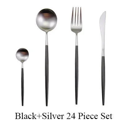 24 Pcs Matte 18/10 Stainless Steel Thick Black Gold Silver Cutlery Dinnerware Knives Spoon Fork Flatware Set Dishwasher Safe
