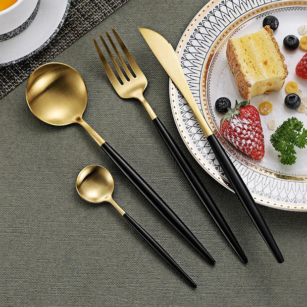 4 Pcs Matte Stainless Steel 18/10 Black Gold Silver Cutlery Tableware Dinner Steak Knife Spoon Fork Flatware Set Dishwasher Safe