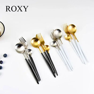 24 Pcs Matte 18/10 Stainless Steel Thick Black Gold Silver Cutlery Dinnerware Knives Spoon Fork Flatware Set Dishwasher Safe