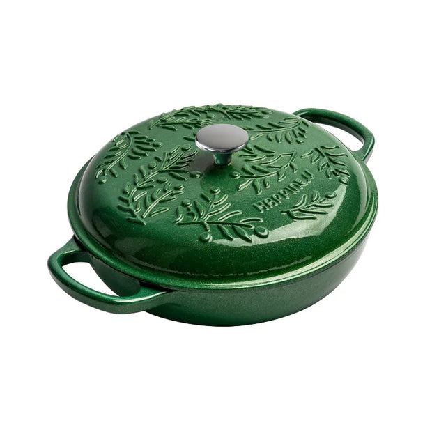 2.6L Cast Iron Pots Enamel Pot Kitchen Cookware, Micro Pressure Lock Fresh Saucepan, Leaf Emerald Non-Stick Pots for Cooking
