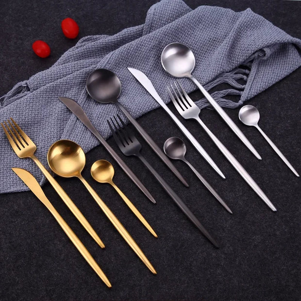 4 Pcs Matte Stainless Steel 18/10 Black Gold Silver Cutlery Tableware Dinner Steak Knife Spoon Fork Flatware Set Dishwasher Safe