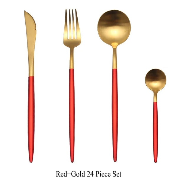 24 Pcs Matte 18/10 Stainless Steel Thick Black Gold Silver Cutlery Dinnerware Knives Spoon Fork Flatware Set Dishwasher Safe