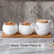 Ceramic Spice Jars Set Table Spice Container Box Oil Jug Sugar Bowl Coffee Kitchen Storage Accessories With Bamboo Lid and Tray.