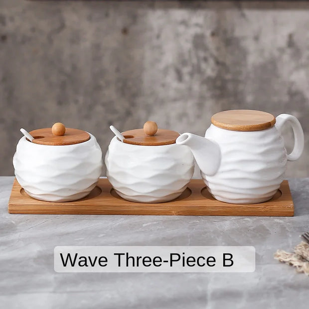 Ceramic Spice Jars Set Table Spice Container Box Oil Jug Sugar Bowl Coffee Kitchen Storage Accessories With Bamboo Lid and Tray.