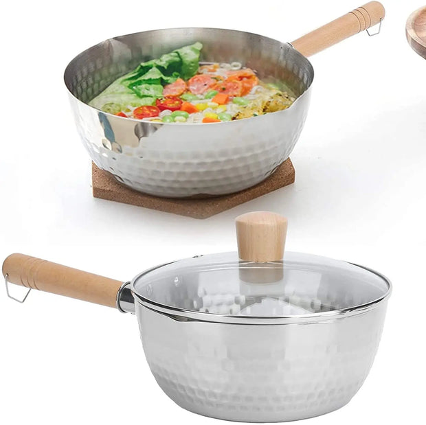 Stainless Steel Saucepan With Lid Solid Wood Handle With Hook Multipurpose Sauce Pan With Pour Spouts, Sauce Pot, Cooking Pot