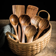 1~7PCS Thailand Teak Natural Wood Tableware Spoon Ladle Turner Long Rice Colander Soup Skimmer Cooking Spoons Scoop Kitchen Tool