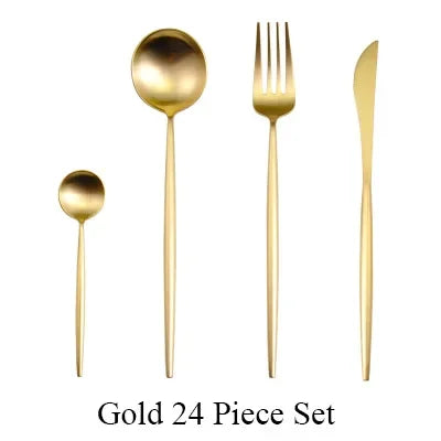 24 Pcs Matte 18/10 Stainless Steel Thick Black Gold Silver Cutlery Dinnerware Knives Spoon Fork Flatware Set Dishwasher Safe