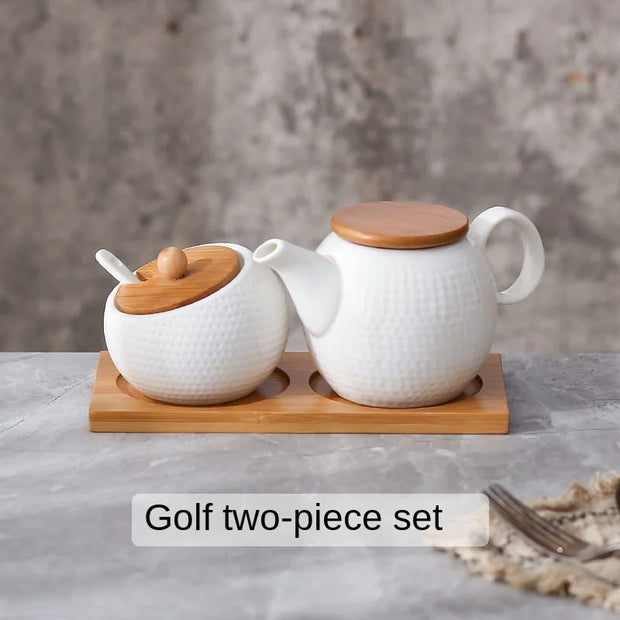 Ceramic Spice Jars Set Table Spice Container Box Oil Jug Sugar Bowl Coffee Kitchen Storage Accessories With Bamboo Lid and Tray.