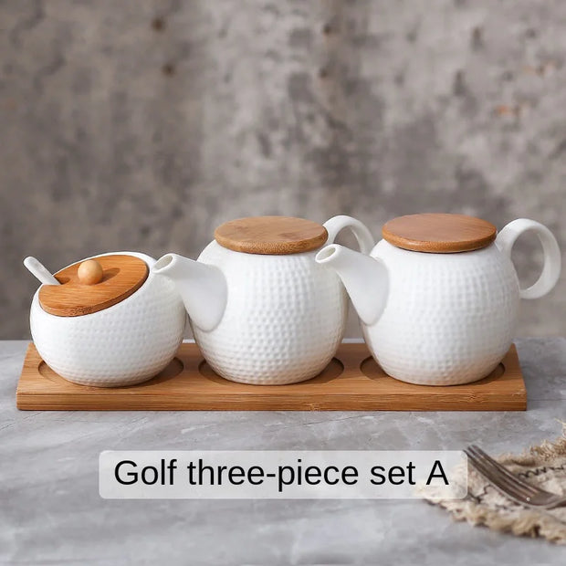 Ceramic Spice Jars Set Table Spice Container Box Oil Jug Sugar Bowl Coffee Kitchen Storage Accessories With Bamboo Lid and Tray.
