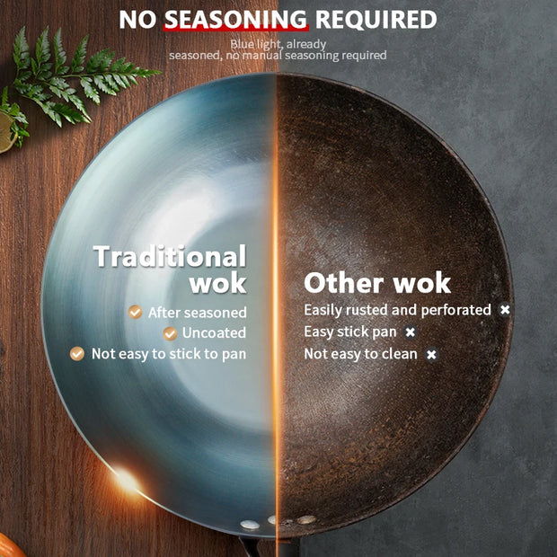 Flat Bottom Wok Pan 13.5" Woks and Stir Fry Pans Blue Iron Cookware Traditional Chinese Cookware for Electric Induction Cooktops