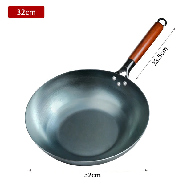 Flat Bottom Wok Pan 13.5" Woks and Stir Fry Pans Blue Iron Cookware Traditional Chinese Cookware for Electric Induction Cooktops