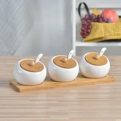 Ceramic Spice Jars Set Table Spice Container Box Oil Jug Sugar Bowl Coffee Kitchen Storage Accessories With Bamboo Lid and Tray.
