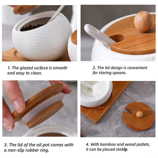 Ceramic Spice Jars Set Table Spice Container Box Oil Jug Sugar Bowl Coffee Kitchen Storage Accessories With Bamboo Lid and Tray.