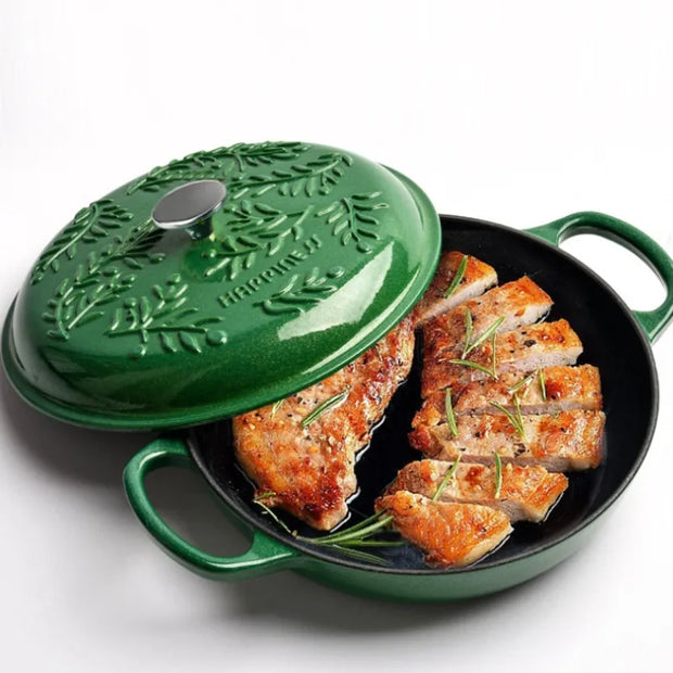 2.6L Cast Iron Pots Enamel Pot Kitchen Cookware, Micro Pressure Lock Fresh Saucepan, Leaf Emerald Non-Stick Pots for Cooking