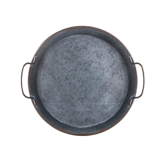 European Retro Metal Plate With Handle Handcrafted Round Wrought Vintage Storage Bread Tray Home Decoration Garden Restaurant