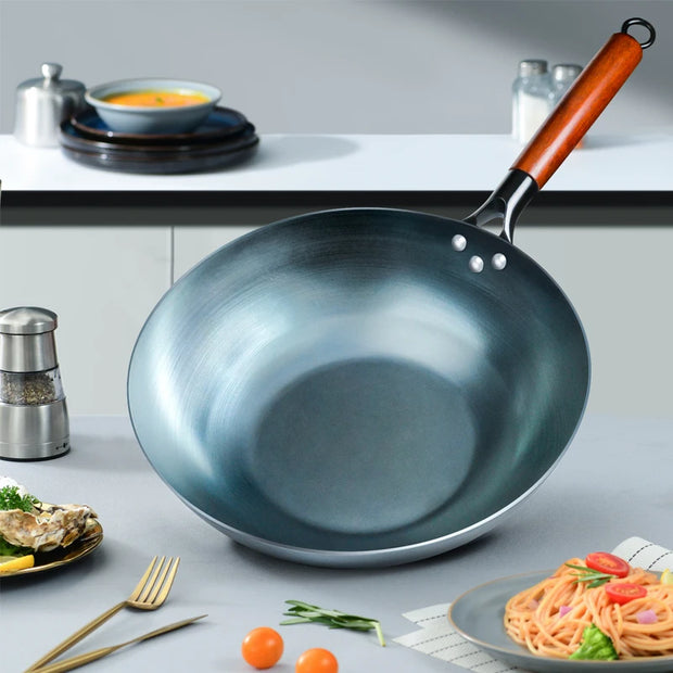 Flat Bottom Wok Pan 13.5" Woks and Stir Fry Pans Blue Iron Cookware Traditional Chinese Cookware for Electric Induction Cooktops