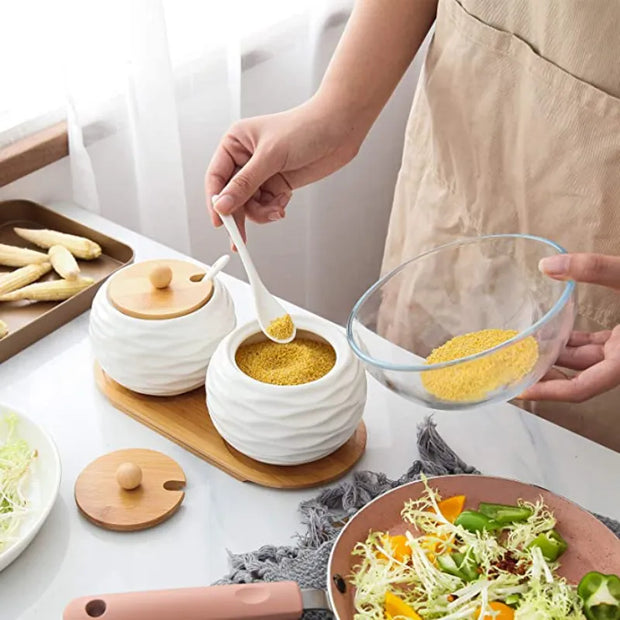 Ceramic Spice Jars Set Table Spice Container Box Oil Jug Sugar Bowl Coffee Kitchen Storage Accessories With Bamboo Lid and Tray.