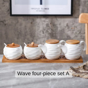 Ceramic Spice Jars Set Table Spice Container Box Oil Jug Sugar Bowl Coffee Kitchen Storage Accessories With Bamboo Lid and Tray.