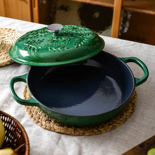 2.6L Cast Iron Pots Enamel Pot Kitchen Cookware, Micro Pressure Lock Fresh Saucepan, Leaf Emerald Non-Stick Pots for Cooking