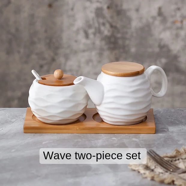 Ceramic Spice Jars Set Table Spice Container Box Oil Jug Sugar Bowl Coffee Kitchen Storage Accessories With Bamboo Lid and Tray.
