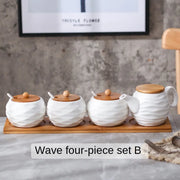 Ceramic Spice Jars Set Table Spice Container Box Oil Jug Sugar Bowl Coffee Kitchen Storage Accessories With Bamboo Lid and Tray.
