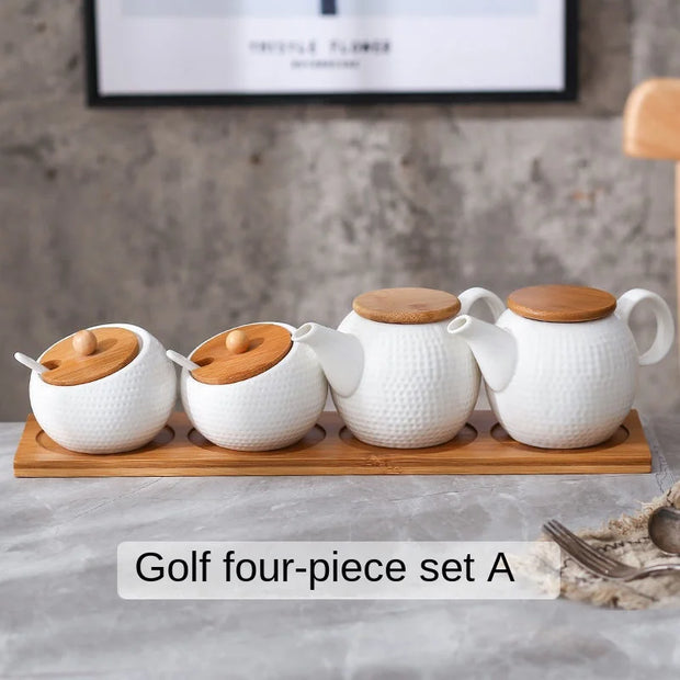 Ceramic Spice Jars Set Table Spice Container Box Oil Jug Sugar Bowl Coffee Kitchen Storage Accessories With Bamboo Lid and Tray.