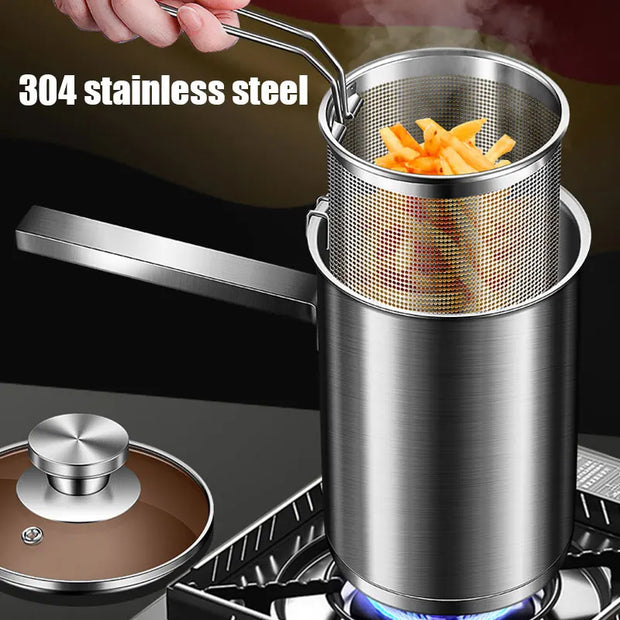 Thickeded Deep Fryer Pot With Basket and Lid Large Stainless Steel Deep Fryer Pasta Strainer Basket Chicken Fried Food Strainer