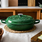 2.6L Cast Iron Pots Enamel Pot Kitchen Cookware, Micro Pressure Lock Fresh Saucepan, Leaf Emerald Non-Stick Pots for Cooking