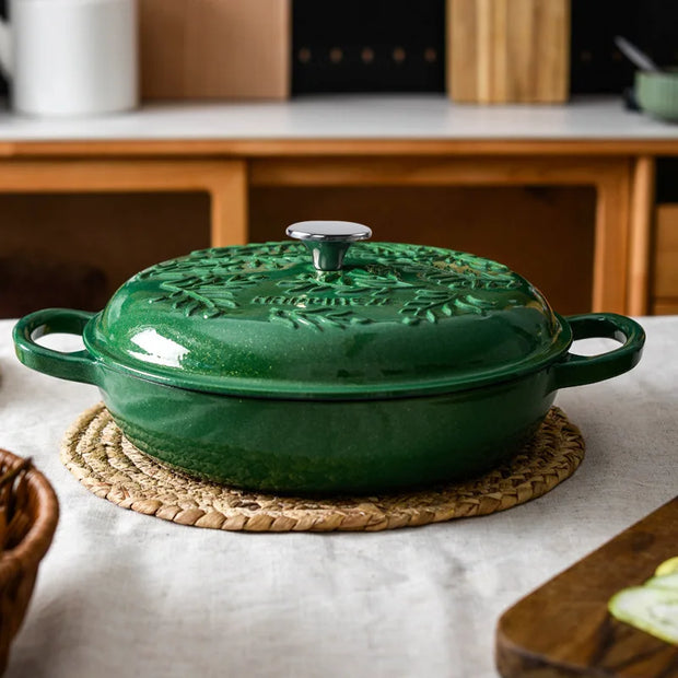 2.6L Cast Iron Pots Enamel Pot Kitchen Cookware, Micro Pressure Lock Fresh Saucepan, Leaf Emerald Non-Stick Pots for Cooking