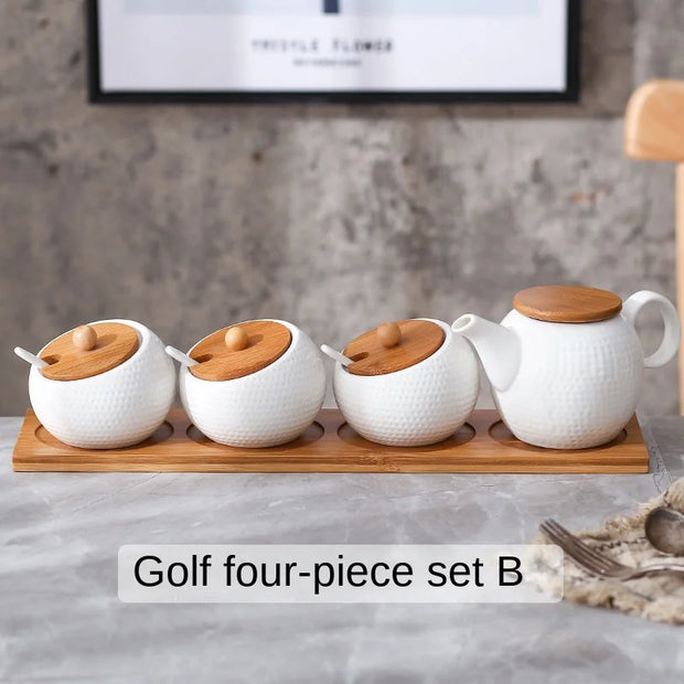 Ceramic Spice Jars Set Table Spice Container Box Oil Jug Sugar Bowl Coffee Kitchen Storage Accessories With Bamboo Lid and Tray.