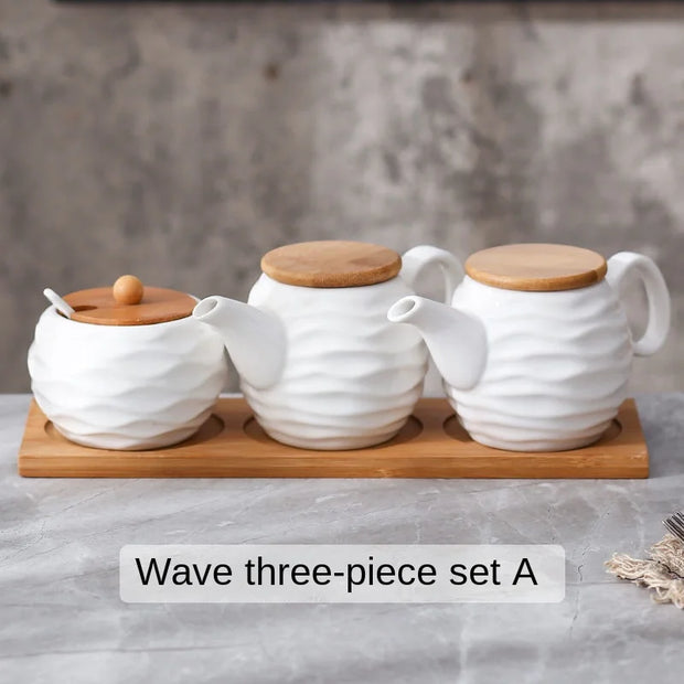Ceramic Spice Jars Set Table Spice Container Box Oil Jug Sugar Bowl Coffee Kitchen Storage Accessories With Bamboo Lid and Tray.