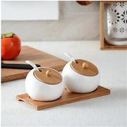 Ceramic Spice Jars Set Table Spice Container Box Oil Jug Sugar Bowl Coffee Kitchen Storage Accessories With Bamboo Lid and Tray.