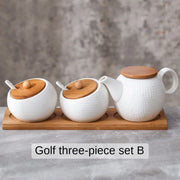 Ceramic Spice Jars Set Table Spice Container Box Oil Jug Sugar Bowl Coffee Kitchen Storage Accessories With Bamboo Lid and Tray.