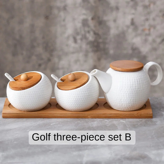 Ceramic Spice Jars Set Table Spice Container Box Oil Jug Sugar Bowl Coffee Kitchen Storage Accessories With Bamboo Lid and Tray.