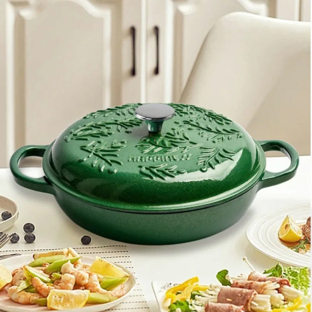 2.6L Cast Iron Pots Enamel Pot Kitchen Cookware, Micro Pressure Lock Fresh Saucepan, Leaf Emerald Non-Stick Pots for Cooking