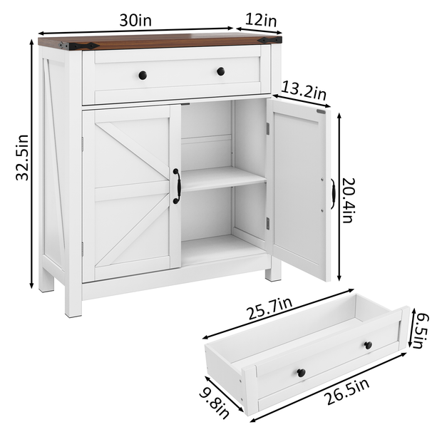 Farmhouse Storage Cabinet With Drawer and Adjustable Shelf, White Kitchen Cabinet With Walnut Countertop,  Modern Coffee