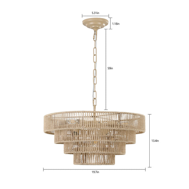 Bohemian Style Woven Pendant Light 19.7 Inch Rattan Ligh Large Rattan Pendant Light With 4-Tier Rattan Chandelier--Wood